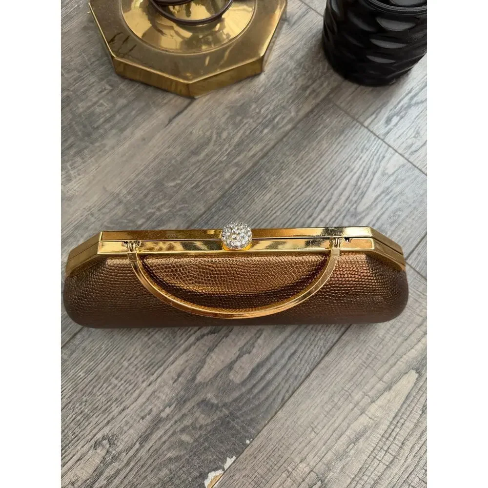 Vintage Clutch Bag Party Clutches Handbag Detachable Chain Strap Brown Gold